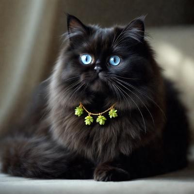 The primary subject of the image is a black cat with blue eyes, sitting on a couch. The cat is wearing a necklace made of leaves, adding a unique touch to its appearance. The setting is indoors, with the cat sitting on a couch, and the visual style is a close-up of the cat, showcasing its features. The colors in the image are predominantly black and blue, with the cat's eyes being the most noticeable feature, creating a calm and serene atmosphere.